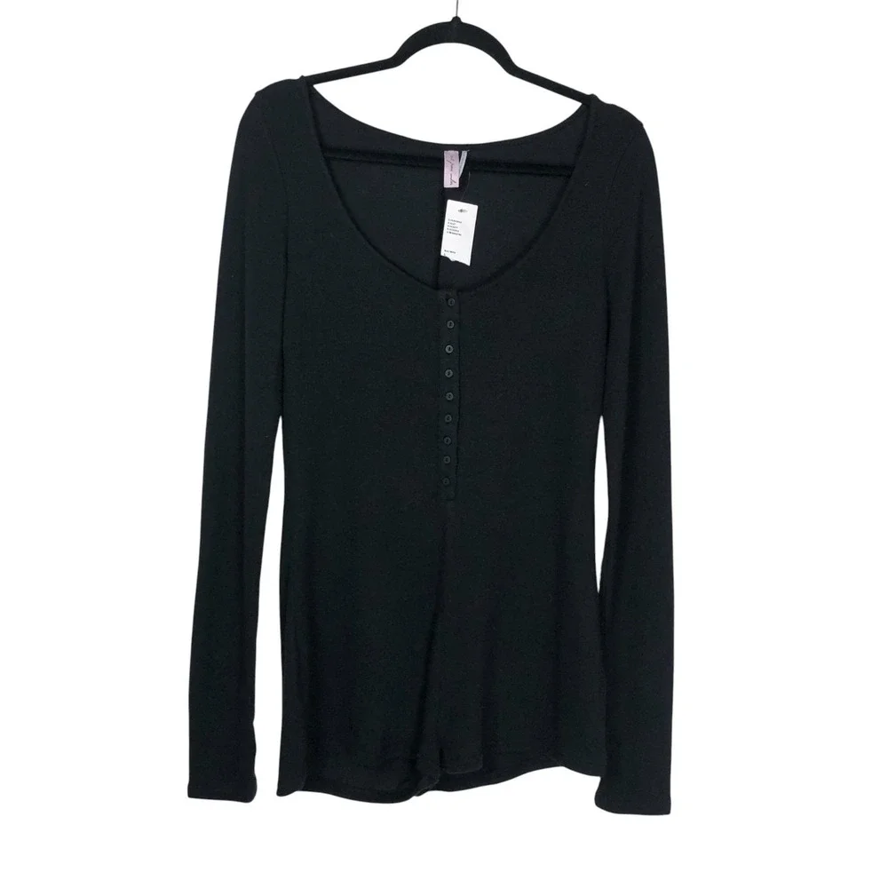 NEW Out from Under Womens Lounge Around Knit Henley Romper Size L Black Cozy - Picture 3 of 13
